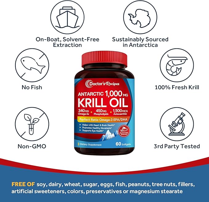 Doctor's Recipes Antarctic Krill Oil Omega 3 Supplement, 1000mg Softgels, DHA:EPA at 1:2 Perfect Ratio, 1.5mg Astaxanthin, Clean Extraction, No Fish Taste, Brain, Eye Health, Non-GMO