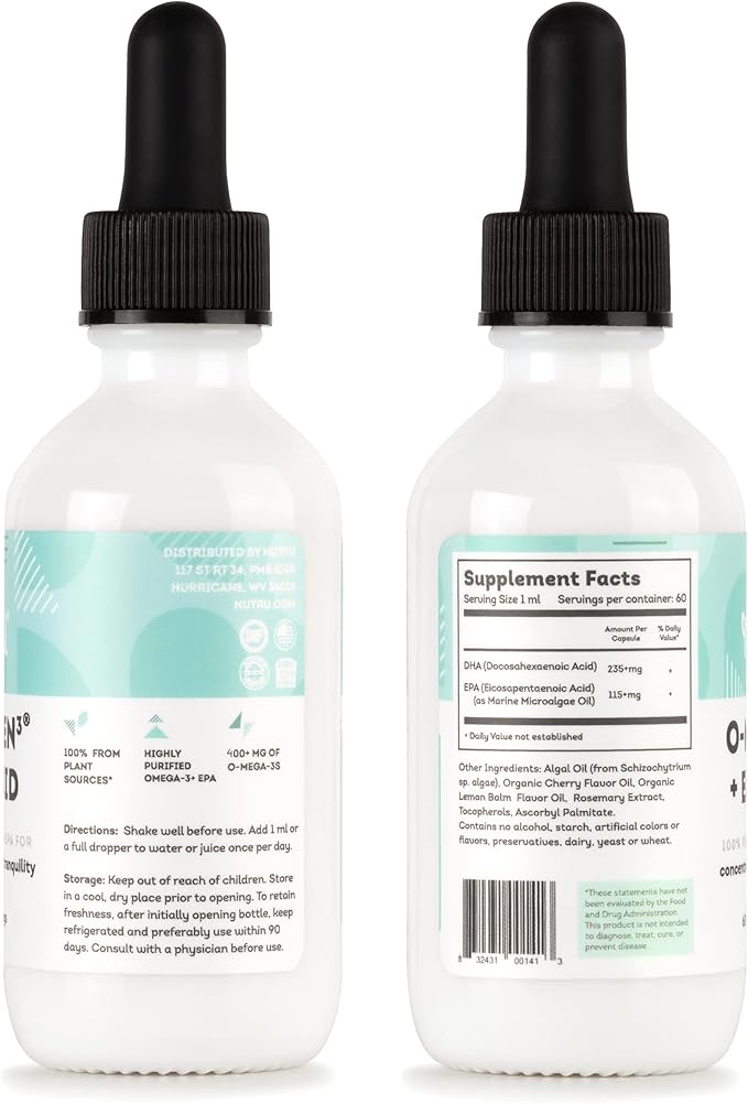 O-Mega-Zen3 +EPA Vegan Omega 3 DHA EPA Liquid Supplement - Algal Omega3 Essential Fatty Acids - 2 Fl Oz