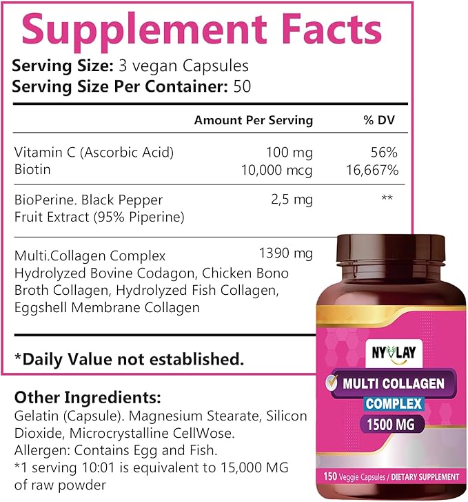 Multi Collagen Complex 1500 MG 150 Capsules | Dietary Supplement | Extra Strength Natural Formulation | Support Strength & Energy