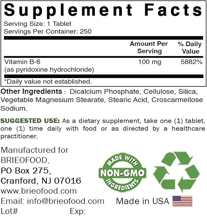Brieofood Vitamin B6 100 mg 250 Tablets