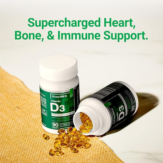 Essential Elements D3 Vitamins 5000 IU Softgels with Olive Oil for Bone, Muscle, & Immune Support