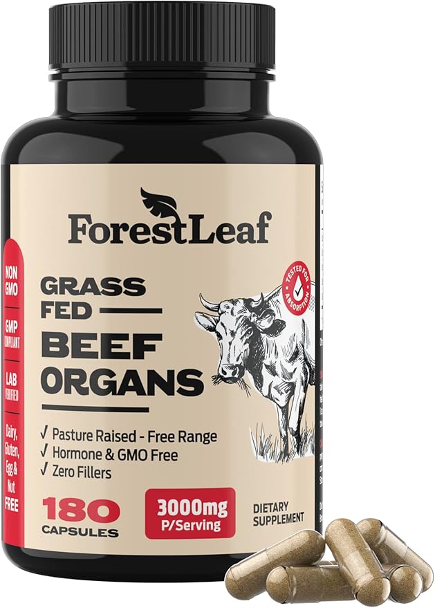 ForestLeaf Beef Organ Supplement - Grass Fed & Pasture Raised - Total Body Wellness & Performance, Organ Complex with 3000mg of Desiccated Beef Liver, Heart, Kidney, Pancreas, Spleen (180 Capsules)