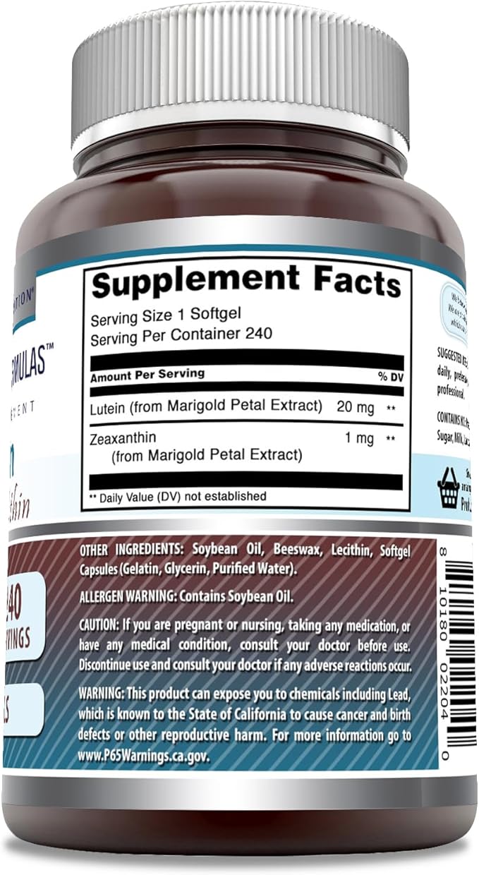 Amazing Formulas Lutein 20 mg with Zeaxanthin 800 mcg | Softgels Supplement | Non-GMO | Gluten Free | Made in USA (240 Count)