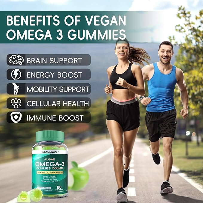 2 Pack Vegan Omega 3 Gummies 1500mg, Algae Omega 3 Supplements DHA 885mg & EPA 440mg, with Coq 10,Vitamin E,C,D3 for Brain,Eye Support, Fish Oil Supplements Alternative, Sugar Free, 120 Counts