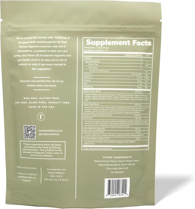 Natural Greens Supplements Superfood Powder Drink by Rookie Wellness, Gut Support Digestive Enzyme, Improve Mood, Immune Support, Peach Mango Greens Powder (30 Serving Bag)