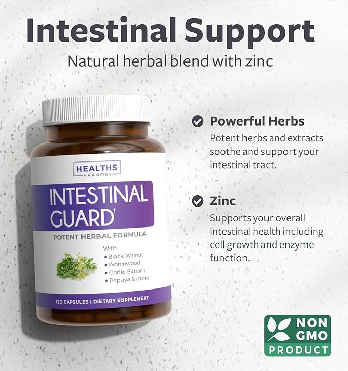 Intestinal Guard (Non-GMO) Maintain Intestinal Health - Potent Natural Formula with Wormwood, Black Walnut, Goldenseal, Pau D'Arco, Clove, Garlic, More - All In One Supplement -120 Capsules (No Pills)