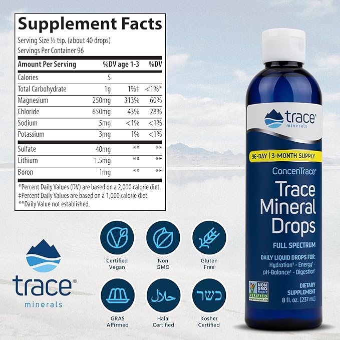 Trace Minerals ConcenTrace Trace Mineral Drops - Liquid Supplement for Bone & Joint Support - Aids Hydration & Electrolyte Restoration - Unflavored, 0.5 fl oz (6 Servings)