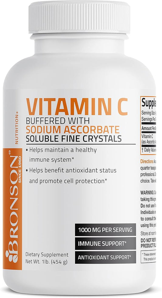 Buffered Vitamin C Powder Ascorbic Acid Buffered with Sodium Ascorbate Soluble Fine Crystals – Promotes Healthy Immune System and Cell Protection – Powerful Antioxidant - 1 Pound (16 Ounces)
