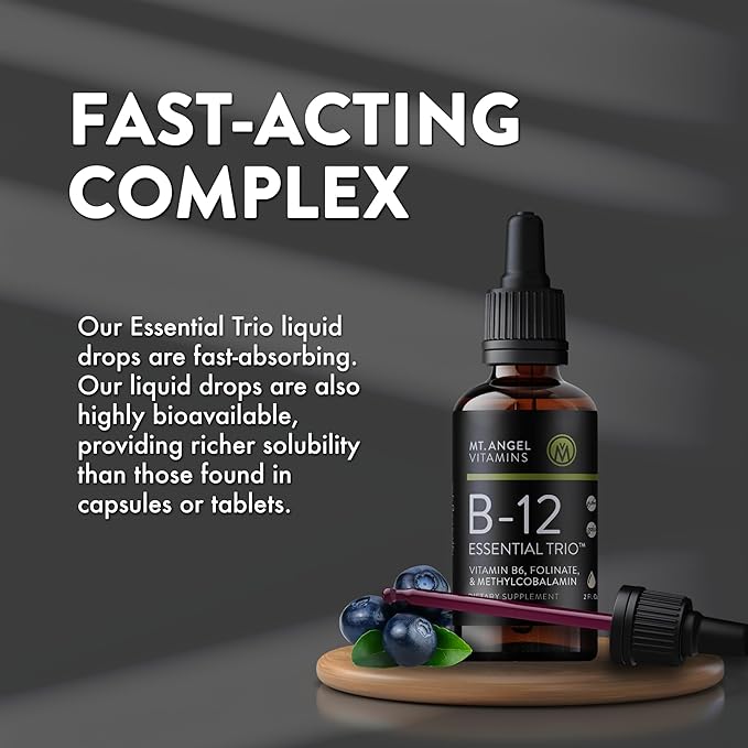 Mt. Angel Vitamins - B12 Essential Trio - Vegan Sublingual Drops with High-Potency Methyl B12, B6 & Folate - Easy Absorption Liquid - Non-GMO, Made in USA