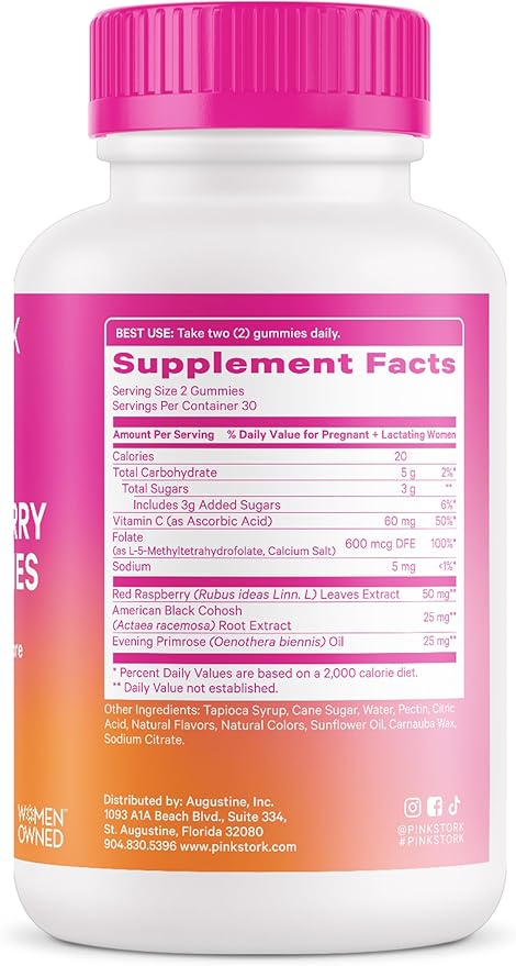 Pink Stork Red Raspberry Leaf Gummies - Third Trimester Labor Prep + Postpartum Mood Essentials with Evening Primrose Oil + Black Cohosh - 60 Vegan Gummy Supplements, Non-GMO