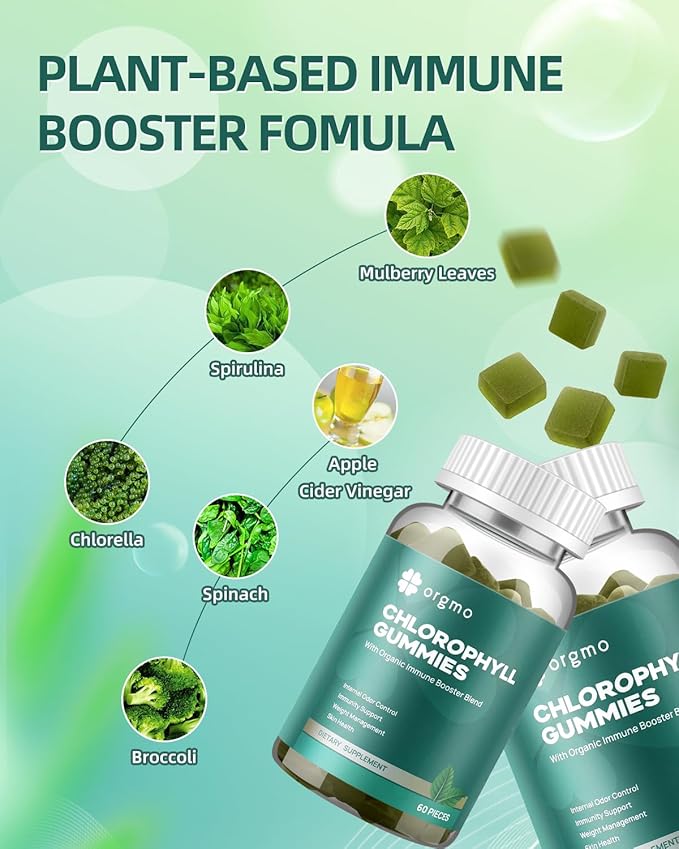 Chlorophyll Gummies for Body Odor Deodorant 2 Pack, Sugar Free Vitamins D Gummy 1000IU, ACV Spirulina Chlorella Herbal Supplement for Women Immune Support Vegan Non-GMO