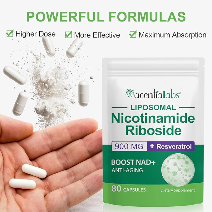 NAD Supplement, 900MG Liposomal Nicotinamide Riboside, Liposomal Resveratrol, Quercetin, High Purity NAD+ Supplement for Energy, Support Cellular Health, Stamina & Healthy Aging, 80 Capsules