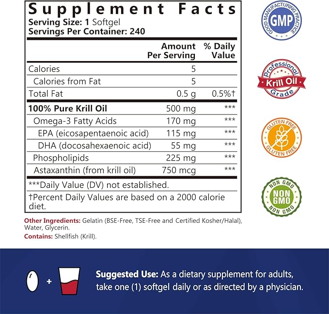 Antarctic Krill Oil 500 mg Softgels, Krill Oil Omega-3s, EPA, DHA, Astaxanthin & Phospholipids, Brain, Heart Health, 240 Softgels, Non-GMO, No Gluten, Made in The USA