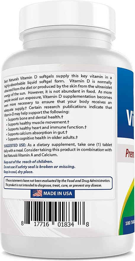 Best Naturals Vitamin D3 2000 IU (50 mcg) - 100 Tablets - 100 Days Supply - Helps Support Immune Health, Strong Bones and Teeth, & Muscle Function (100 Count (Pack of 2))