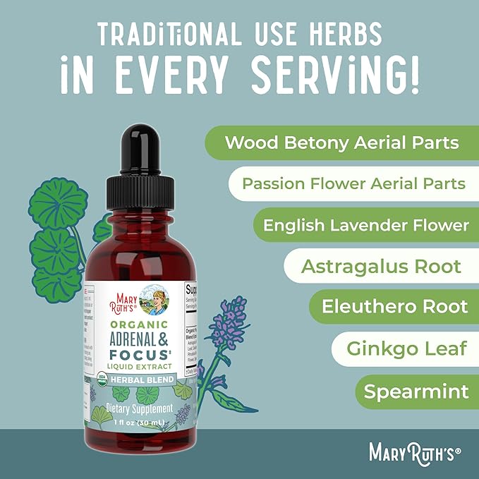 MaryRuth - USDA Organic Brain Nootropic Focus Supplement for Adults with Ginkgo Biloba & Astragalus | Focus & Adrenal Support | Brain and Memory Drops | Vegan | Non-GMO | Gluten Free | 30 Servings