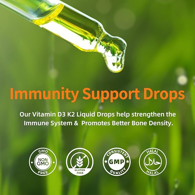 HEALOADING Vitamin D3 K2 Drops, Organic Plant D3 + K2, Vitamin D Liquid 5000 IU, K2 200 mcg Liquid K2 D3 Vitamin Supplements for Body’s Defenses, Faster Absorption, Healthy Bones and Immune Support