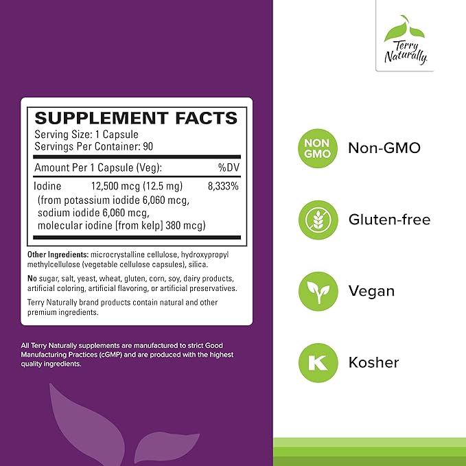Terry Naturally Tri-Iodine - Support Thyroid Health - Aids Hormone Balance with Molecular Iodine from Kelp - Features Potassium Iodide & Sodium Iodide - Brain & Energy Support - 12.5mg, 90 Capsules