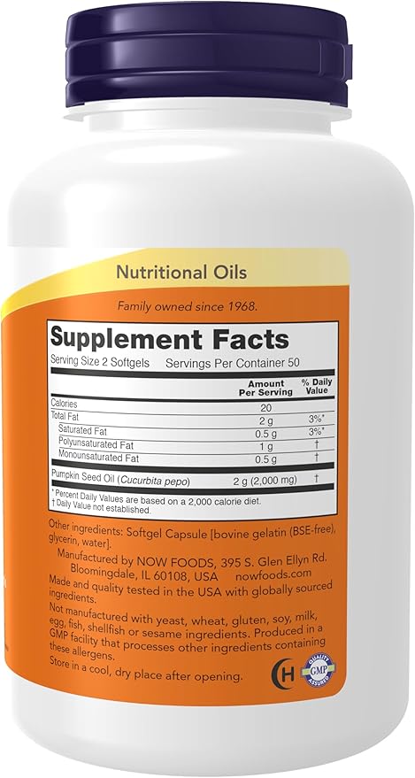 NOW Supplements, Pumpkin Seed Oil 1000 mg with Essential Fatty Acids and Phytosterols, Cold Pressed, 100 Softgels
