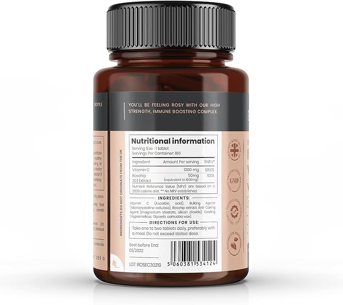 pureclinica Vitamin C with Rosehip – 2000mg (1000mg VIT C & 1000mg Rosehip Extract) x 180 Tablets - 6 Months Supply!