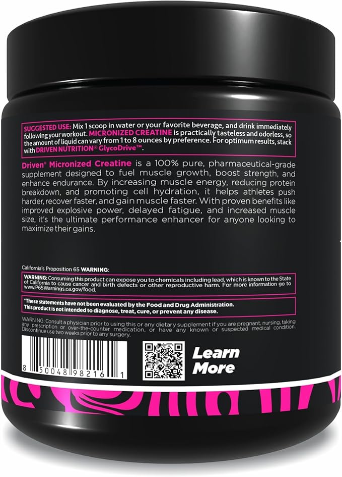 Driven Nutrition Creatine, 500g - Unflavored Micronized Powder, Physical Performance & Cognition - 5g Per Serving for Reduced Fatigue & Increased Strength, Muscle Mass, Endurance, & Speed