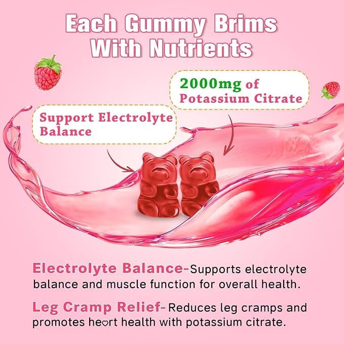 2 Pack Potassium Citrate Gummies – Potassium Supplement for Muscle Health, Leg Cramp Relief & Electrolyte Balance, Vegan, Non-GMO, Gluten-Free, Raspberry Flavor, 120 Count