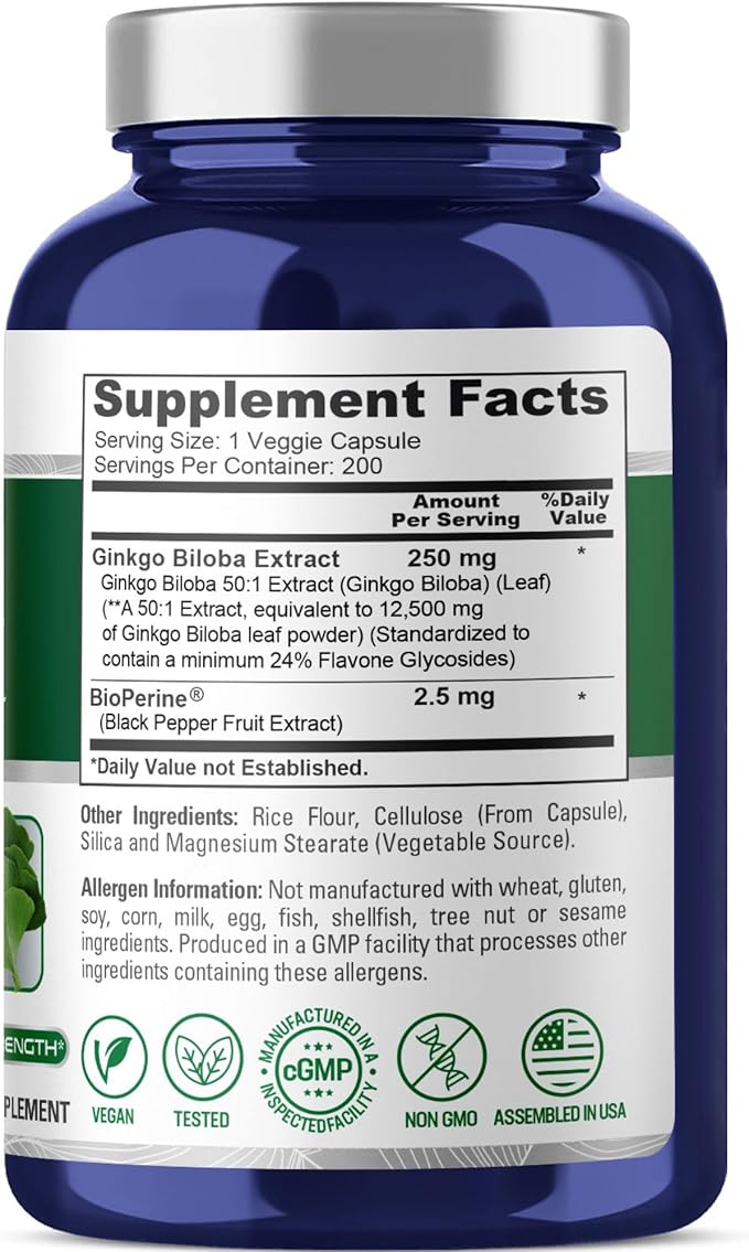 NusaPure Ginkgo Biloba Extract 12,500mg per Veggie Caps 200 Capsules (Vegetarian, Non-GMO, Vegan, Extract 50:1) Bioperine