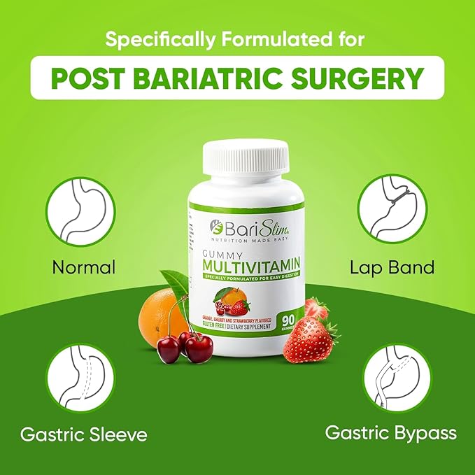 BariSlim Bariatric Chewable Multivitamin Gummies - Specially Formulated Gummy Vitamin for Patients After Weight Loss Surgery - Easy to Digest & Great Tasting Fruit Flavors | 2 Pack (180 Fruit Chews)