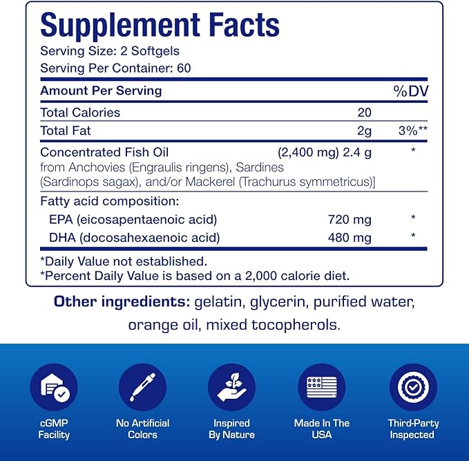 Clinical Omega 3 Fish Oil Supplement with EPA and DHA - 120 Orange Flavored Softgels for Heart, Immune, and Nervous Health - 1200mg of Molecularly Distilled Omega-3