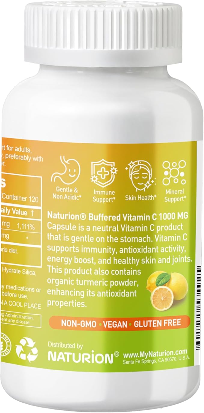 Buffered Vitamin C 1000 mg with Organic Turmeric - Antioxidant & Immune Support - Healthy Skin & Joints - Gluten & Dairy Free - 120 Vegan Capsules, 120 Day Supply