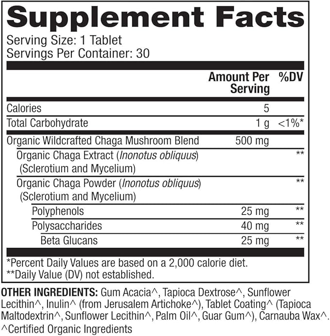 Dr. Mercola Organic Chaga Mushroom, 30 Servings (30 Tablets), Dietary Supplement, Supports Healthy Immune Function, Non-GMO, Certified USDA Organic, NSF Contents Certified
