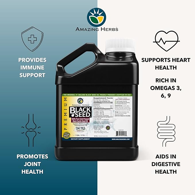 Amazing Herbs Premium Black Seed Oil - Gluten Free, Non GMO, Cold Pressed Nigella Sativa Aids in Digestive Health, Immune Support, Brain Function - 128 Fl Oz