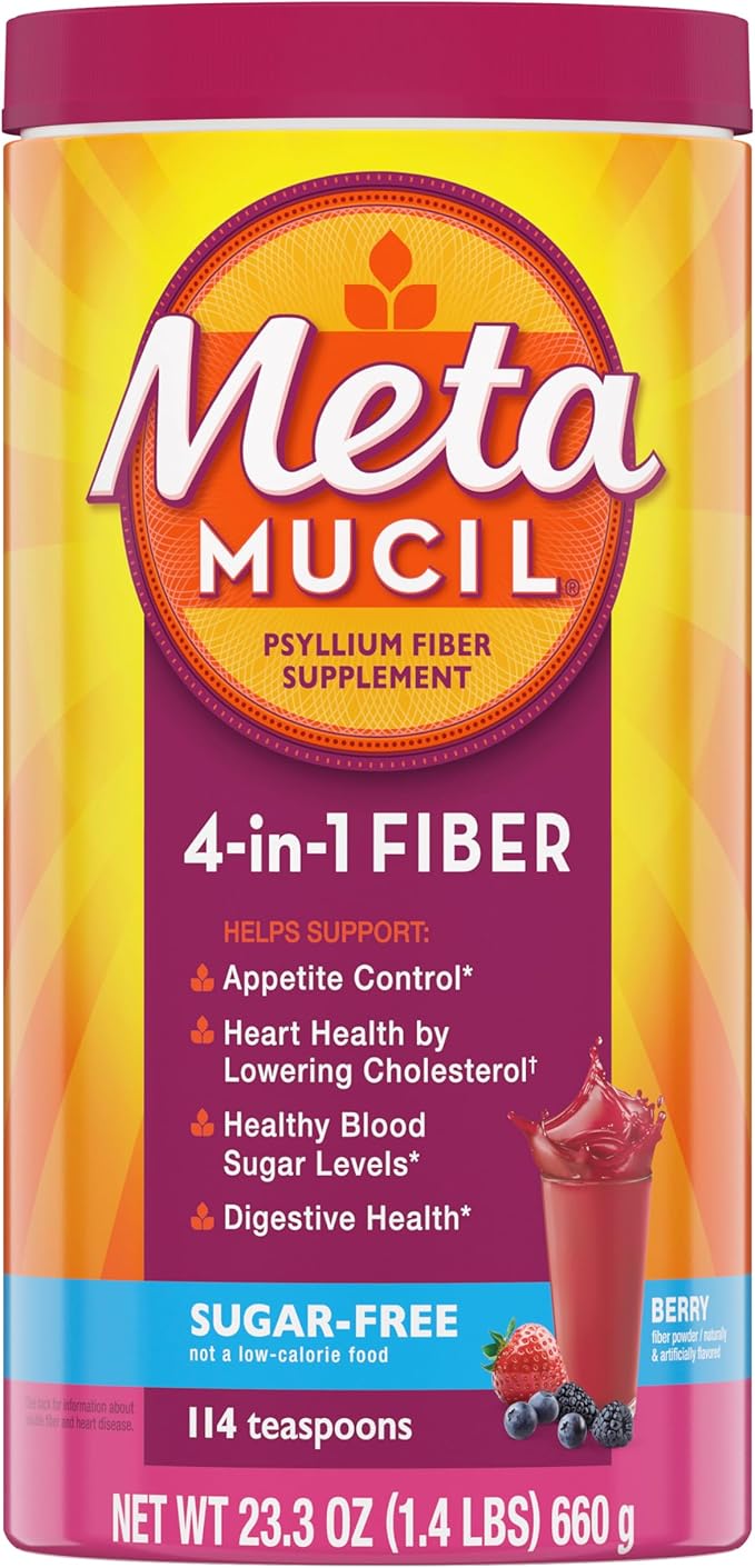 Metamucil Fiber, 4-in-1 Psyllium Fiber Supplement, Sugar-Free Powder, Berry Flavored Drink, 114 Servings (Packaging May Vary)