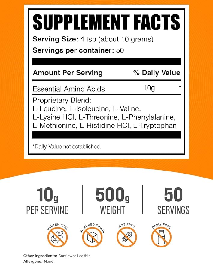 BulkSupplements.com Essential Amino Acids Powder - Essential Amino Acids Supplement, EAA Powder - Unflavored & Gluten Free, 10g per Serving, 500g (1.1 lbs) (Pack of 1)