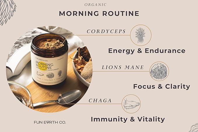 Morning Routine Mushrooms, Mushroom Supplement | Lions Mane Powder Chaga Cordyceps | Adaptogens | | 3.17 Ounce Packet | 30 Servings | Immune Support