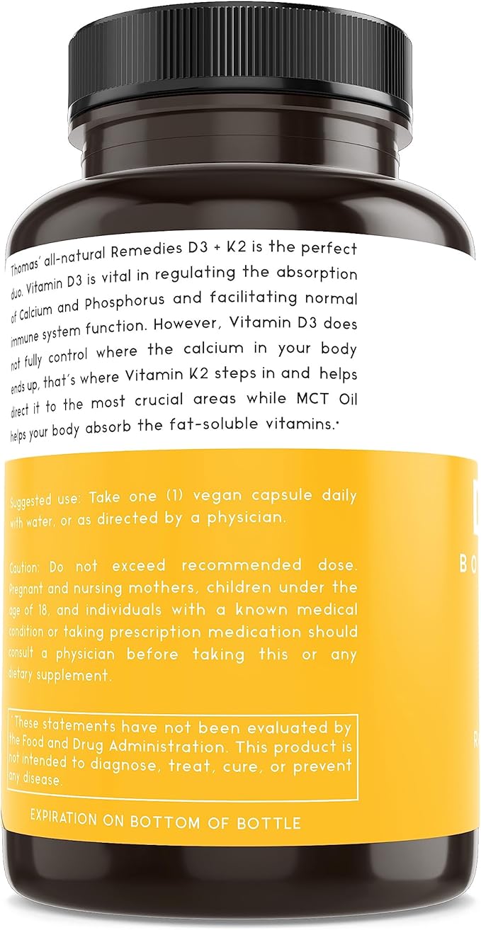 Thomas' all-natural Remedies D3 + K2 with MCT Oil for Better Absorption & Raw Whole Food Blend, 1000 IU D3, Vegan, Made in USA, Support for Your Heart, Bones & Teeth, Non-GMO (120ct)