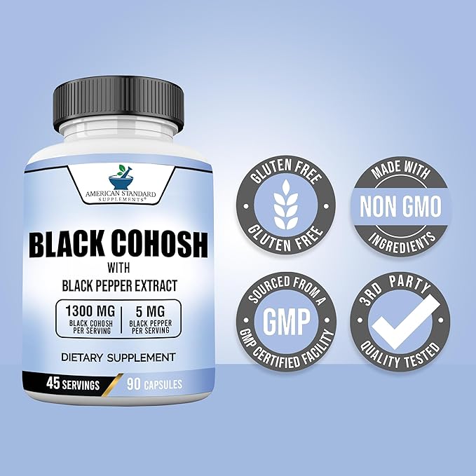 American Standard Supplements Black Cohosh 1300mg Per Serving with Black Pepper Fruit Extract - Vegan, Gluten Free, Non-GMO, 90 Capsules, 45 Servings