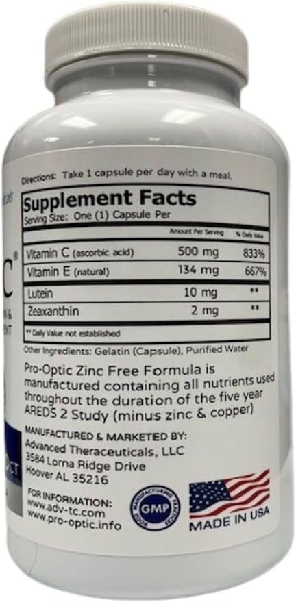 PRO-Optic Traditional (ZINC Free) AREDS 2 Formula - One Capsule Per Day / 90 Capsules / 3 Month Supply