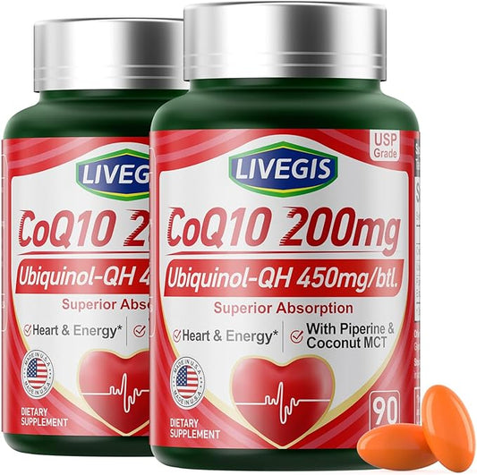 CoQ10 200mg Softgels, Ultra CoQ10 Ubiquinone 200mg with Coconut MCT Oil, 5X Superior Absorption, Coenzyme Q10 Ubiquinol and Supplements - 90 Counts * 2 Packs
