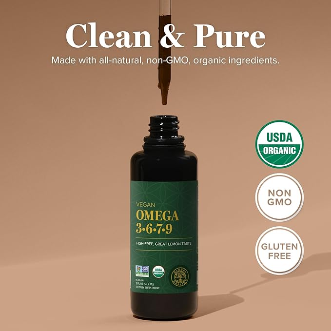 Global Healing Organic Omega 3 6 9 and 7 (Seaberry CO2 Extract) - Fish-Free, Non-GMO Omega 3 Supplement for Women & Men, Contains Perilla Seed & Flaxseed Oil - Fish Oil Alternative - 2 Fl Oz
