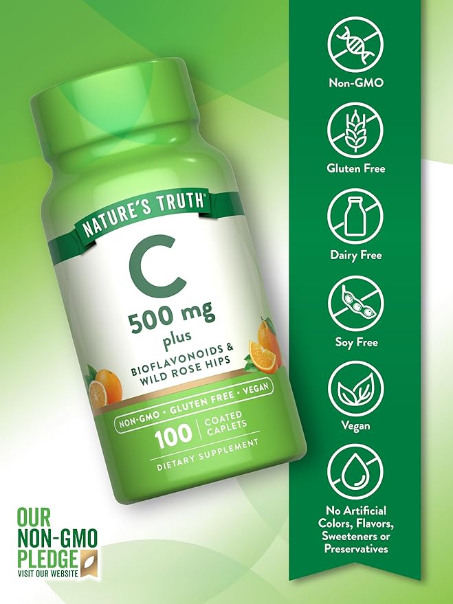 Nature's Truth Vitamin C with Rose Hips and Bioflavonoids | 500mg | 100 Caplets | Vegan, Non-GMO & Gluten Free