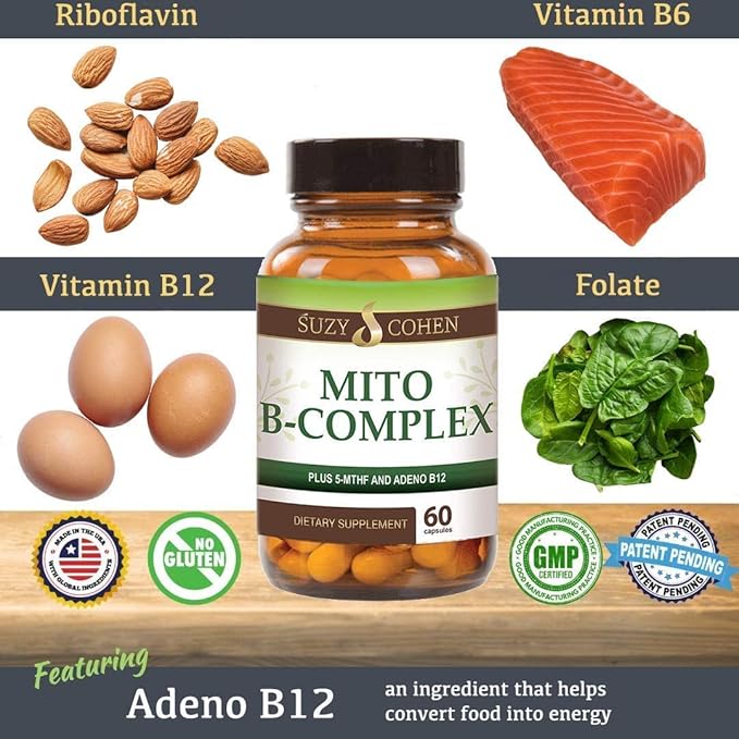 Suzy Cohen, Mito B Complex Dietary Supplement, 5-MTHF, Adeno B12, Methylation Support, Supports Healthy Nervous System, Boost Energy, Vitamin B, 60 Servings