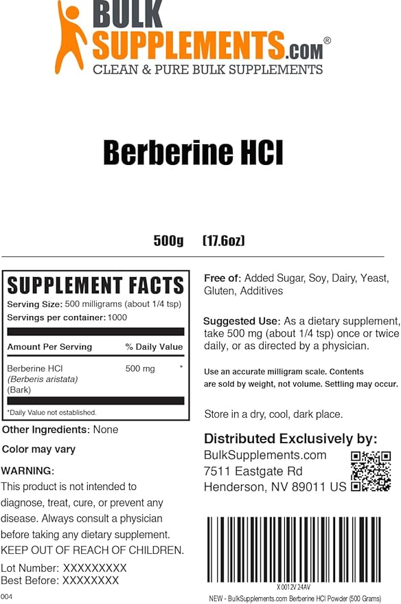 BulkSupplements.com Berberine HCl Powder - Berberine Supplement, Berberine 500mg, Berberine Powder - Gluten Free, 500mg per Serving, 500g (1.1 lbs) (Pack of 1)