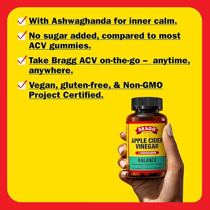 BRAGG Daily Balance Apple Cider Vinegar and Sensoril Ashwagandha Capsules - 750mg of Acetic Acid – Energy & Weight Management Support - (90 Pills)