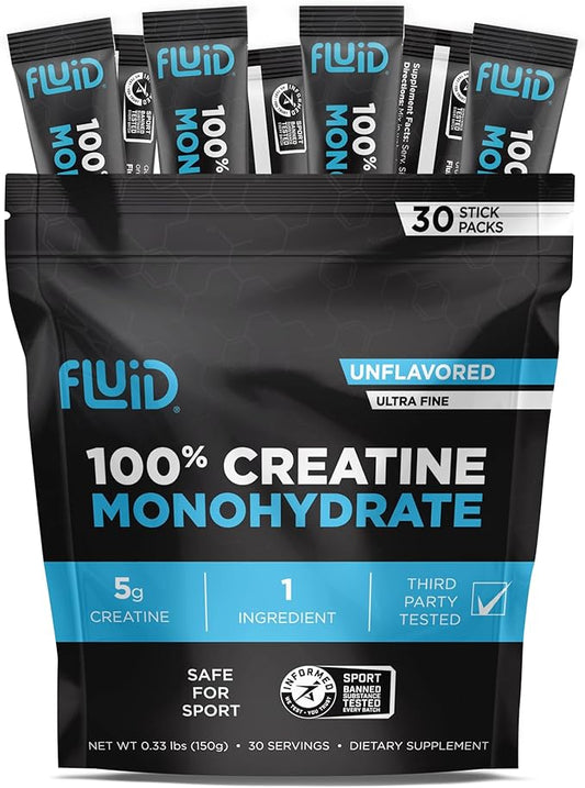 Fluid - Ultra-Fine Micronized 100% Creatine Monohydrate, Informed Sport Certified, Safe for Athletes, 5g Serving (30 Single Servings)