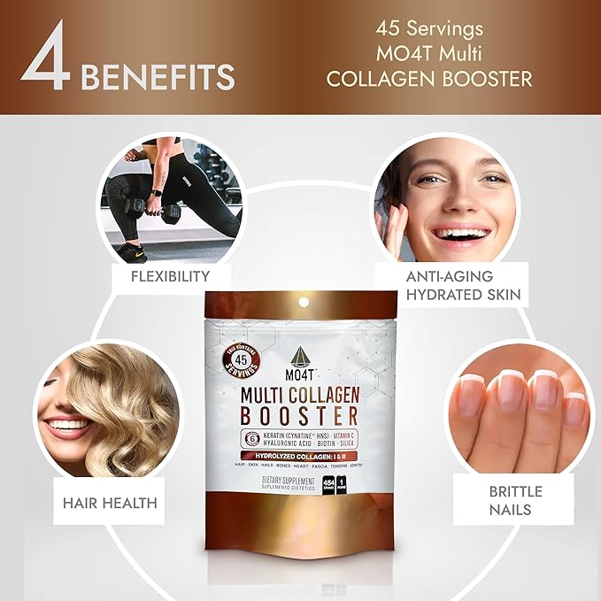 Multi Collagen Booster Powder – Extra Strength Collagen Supplement with Added Keratin, Biotin, Hyaluronic Acid, Vitamin C & Silica – Extra Nutrients for Hair, Nails,& Skin -1 Pound