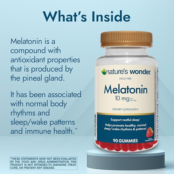 Nature's Wonder Drug-Free Melatonin 10 mg Gummies for Adult Sleep Health, 100% Drug Free Sleep aid, Promote Healthy Sleep and Wake Rhythm and Patterns, 45 Day Supply, 90 Count