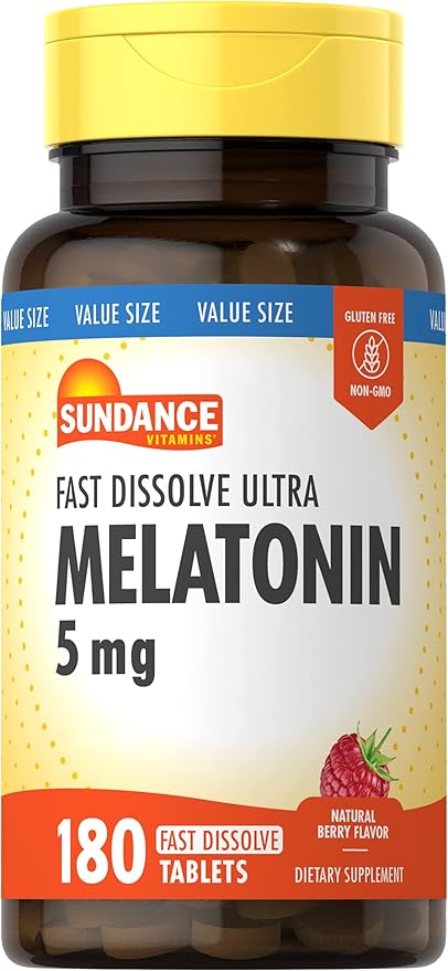 Sundance Melatonin 5mg Tablets | 180 Vegetarian Count | Fast Dissolve | Natural Berry Flavor | Vegetarian, Non-GMO and Gluten Free Supplement