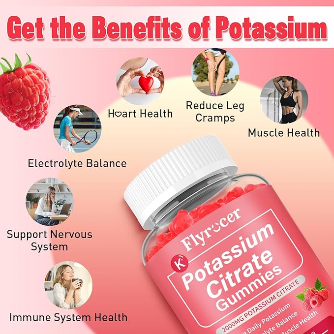 2 Pack Potassium Citrate Gummies for Adults Men & Women, Potassium Supplement for Support Leg Cramps, Muscle Health & Electrolyte Balance, Vegan, Raspberry Flavor, 120 Count