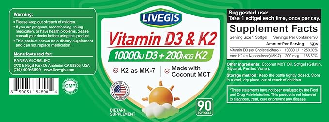 Vitamin D3 K2 Softgels, D3 10000 IU with K2 (MK-7) 200 mcg with Coconut Oil Softgels, Easy to Swallow 2 in 1 Vitamins D & K, Supports Calcium Absorption, Immune and Heart Health - 90 Counts