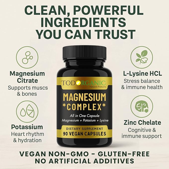 Todorganic Magnesium Citrate, Potassium Citrate and Lysine for Enhanced Leg Cramp Relief and Restful Sleep | Vegan Potassium Magnesium Supplement | 90 Capsules with High-Absorption